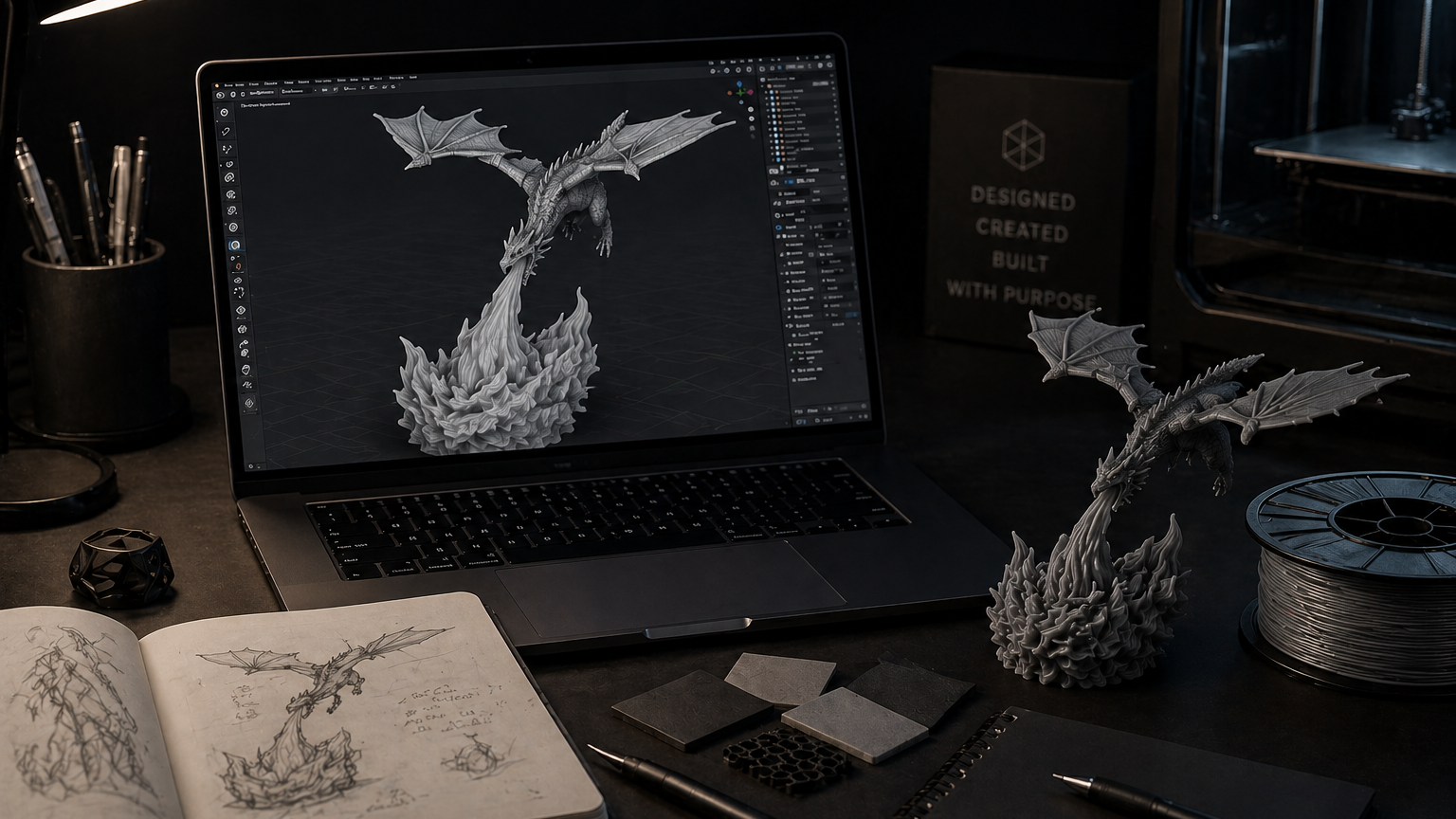 Laptop displaying a 3D model of a dragon on a desk with artistic materials.