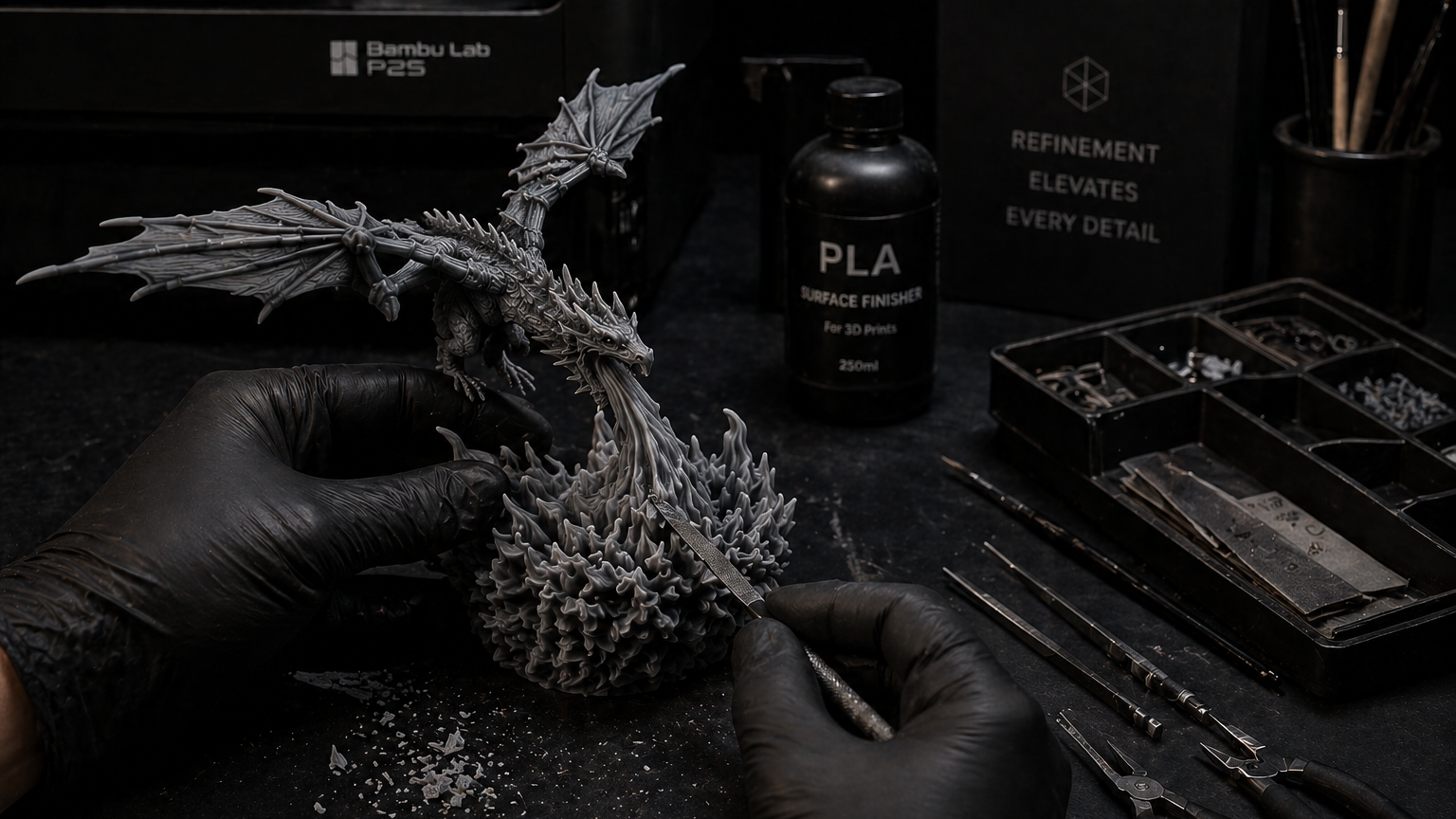 Person working on a detailed sculpture with tools and materials on a dark surface