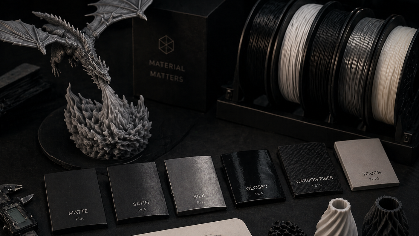 Display of 3D printing materials and samples on a dark surface with 'Material Matters' branding.