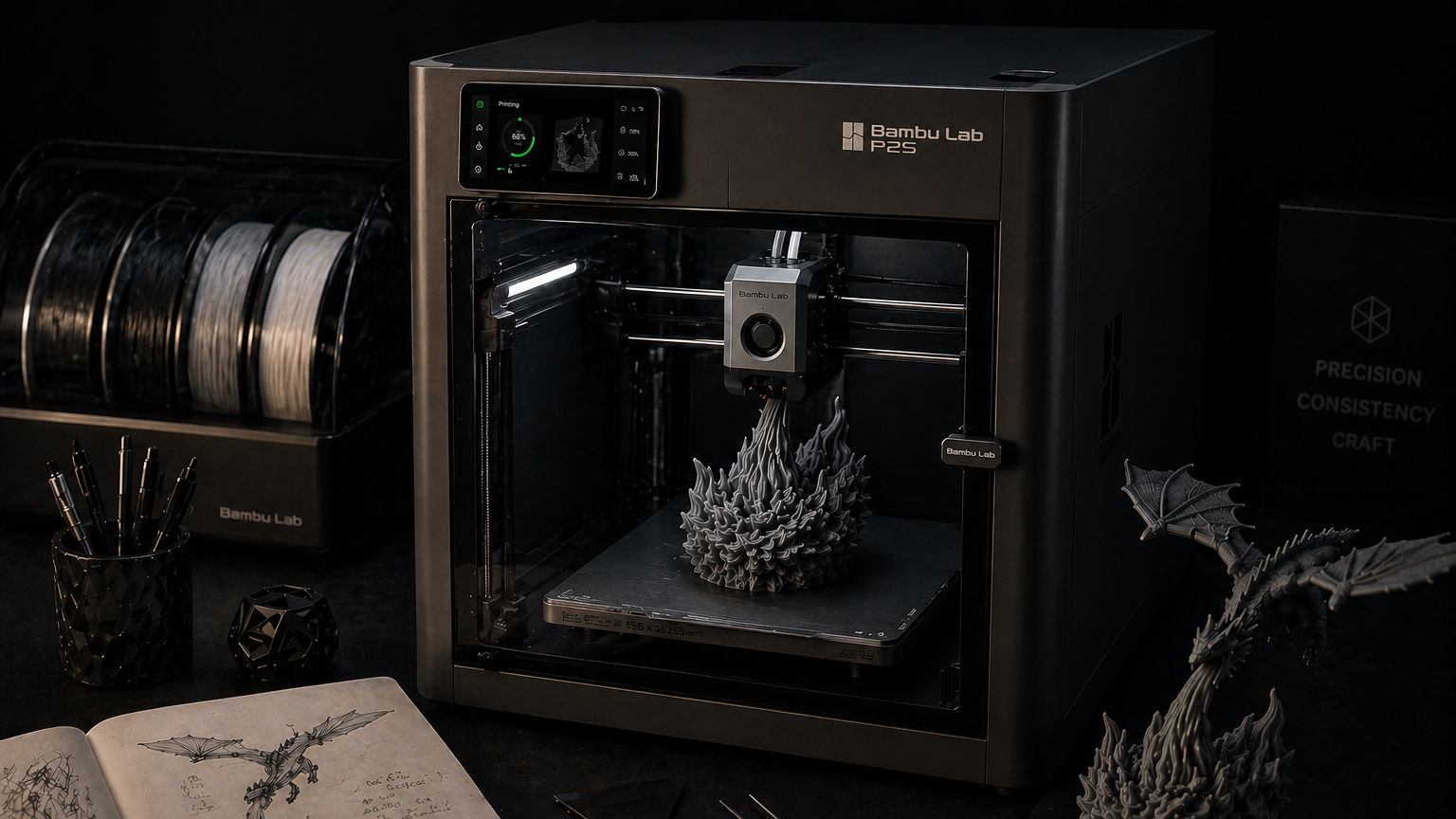 3D printer in operation with a printed object on a dark background
